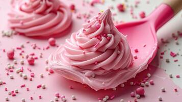 Delicious Pink Frosting Swirl on Spatula with Colorful Sprinkles - Perfect for Baking and Dessert Themes photo