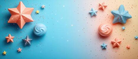 Colorful Pastel Stars and Sweets on Gradient Background with Glitter for Festive and Creative Designs photo