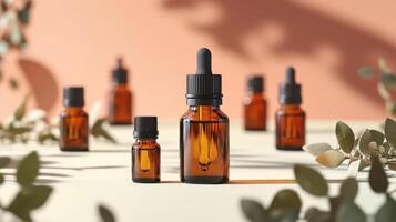 Amber Glass Dropper Bottles with Essential Oils on a Light Background with Eucalyptus Leaves photo