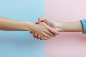 Close-Up of Two Hands Shaking Against a Split Blue and Pink Background Symbolizing Agreement and Partnership photo