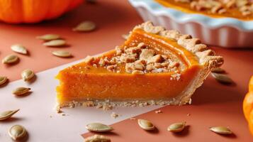 Delicious Homemade Pumpkin Pie Slice with Crumbly Crust and Pumpkin Seeds on a Rustic Autumn Table photo