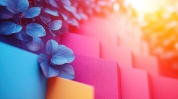 Vibrant Abstract Background with Colorful Geometric Shapes and Foliage in Bright Sunlight photo