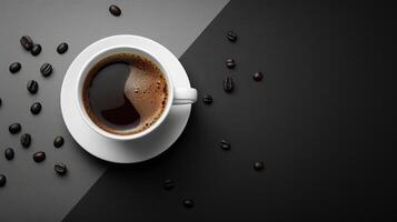 Elegant Cup of Coffee on a Stylish Two-Tone Background with Scattered Coffee Beans photo