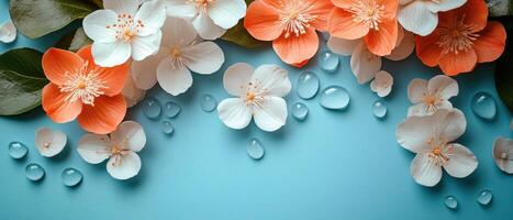 Beautiful Spring Blossoms with Water Droplets on Blue Background - Nature and Floral Photography photo