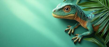 Vibrant Green Lizard on Teal Background with Tropical Leaves in a Sunlit Setting photo