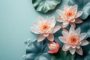 Elegant Water Lilies and Lotus Leaves on a Tranquil Aqua Background with Water Droplets photo