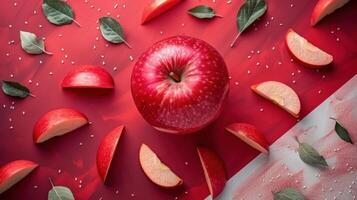 Fresh Red Apple with Slices and Leaves on a Vibrant Red Background photo