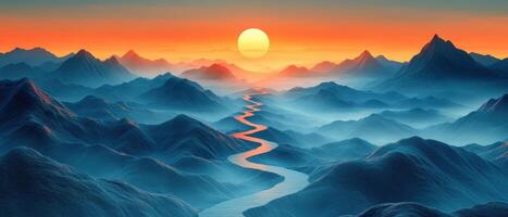 Serene Sunrise Over Majestic Mountain Range with Winding River and Vibrant Sky photo