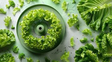 Fresh Green Lettuce Leaves Arranged in a Circular Pattern on a Green Plate with Scattered Lettuce on a Textured Surface photo