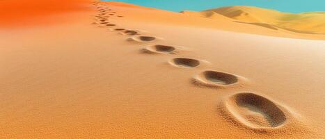 Footprints in the Sand Leading Through a Vast Desert Under a Clear Blue Sky photo