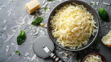 Freshly Grated Cheese in a Bowl with Basil Leaves and Parmesan on a Rustic Gray Table photo