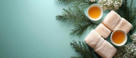 Spa Essentials with Towels, Herbal Tea, and Greenery on a Light Blue Background for Relaxation and Wellness photo
