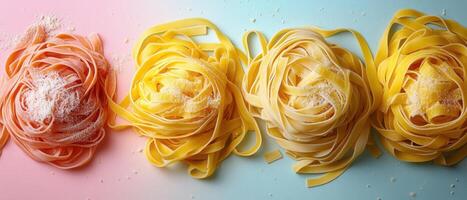 Colorful Assortment of Fresh Pasta Nests with Parmesan Cheese on Gradient Background photo