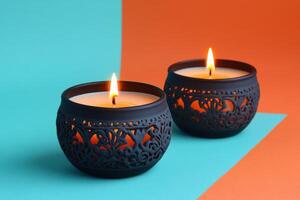 Two Lit Decorative Candles in Ornate Holders on Vibrant Orange and Blue Background photo