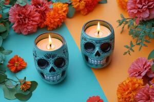 Vibrant Day of the Dead Candles with Marigold Flowers on Colorful Background photo