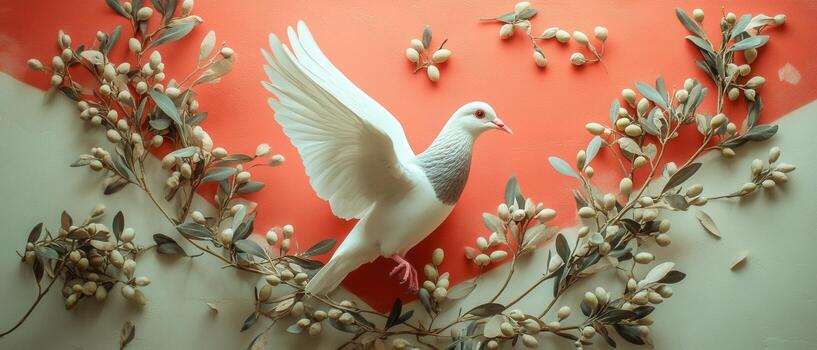 Elegant White Dove in Flight Surrounded by Delicate Branches and Berries on a Coral Background photo
