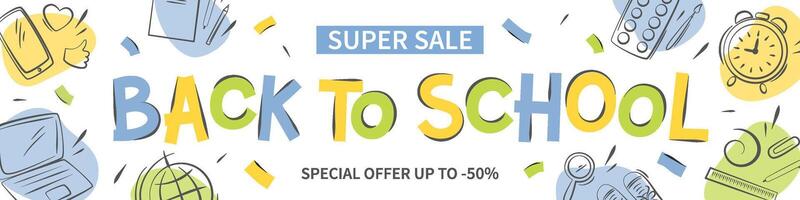 Back to school sale banner. Hand drawn of school supplies and objects. Design horizontal poster for Sales, for ads, flyer, header for website. vector