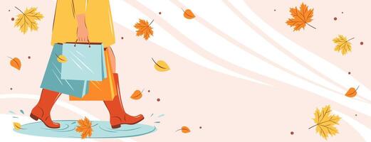 Banner autumn sale with place for text. Woman with purchases in autumn. Bright poster, flyer with invitation for shopping. vector