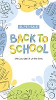 Back to school sale banner. Hand drawn of school supplies and objects. Design poster for Sales, for ads, flyer, header for website. vector
