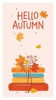 Hello autumn. Card with books and with autumn bright leaves. vector
