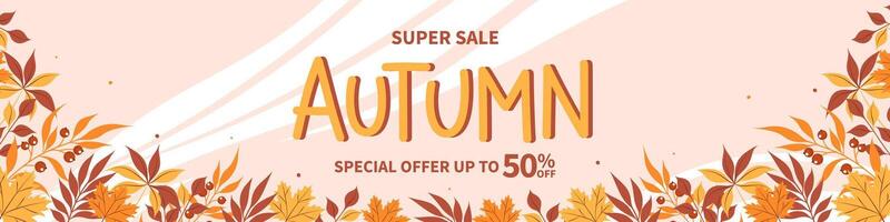 Autumn sale horizontal banner with leaves. Bright poster, flyer with invitation for shopping, template offer of discounts deals. vector