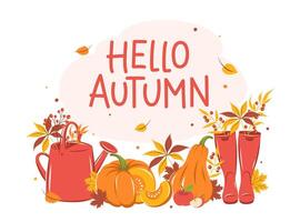 Design banner with with pumpkin, wellies boots, watering can and autumn leaves. Hello autumn. vector