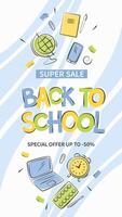 Back to school sale banner. Hand drawn of school supplies and objects. Vertical banner for sales, for ads. vector