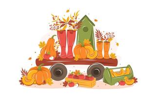Design banner with with pumpkin, wellies boots and autumn leaves. Happy thanksgiving greeting card. vector