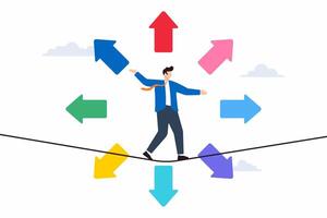 Flat illustration of businessman balancing on tightrope with arrows pointing in different career directions vector