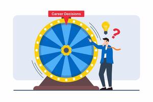 Flat illustration of professional using decision wheel to select from various career advancement paths vector