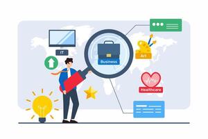 Flat illustration of person with magnifying glass examining various career opportunities on map vector