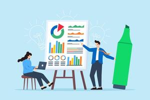 Flat illustration of two colleagues brainstorming solutions for complex problems vector