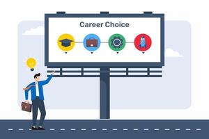Flat illustration of businessman choosing different career choices in digital display board on road for advancement exploring future pathways vector