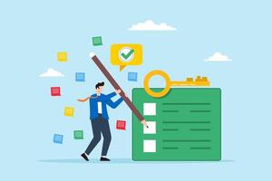 Flat illustration of businessman analyzing problems creating effective solutions writing key points and surrounded by notes or sticky pads vector