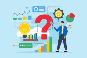 Flat illustration of professional analyzing question mark symbol to identify solutions vector