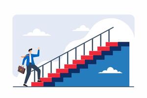 Flat illustration of person setting foot on staircase each step representing different career growth opportunity vector