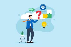 Flat illustration of businessman evaluating question mark symbol for potential solutions vector
