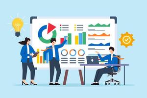 Flat illustration of team members evaluating issues and developing solutions on whiteboard vector