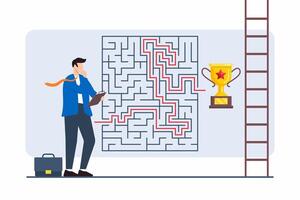 Flat illustration of person analyzing maze with various career paths leading to different success points vector