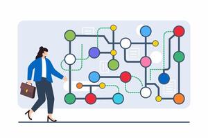 Flat illustration of person moving through series of interconnected paths each colors representing different career opportunity vector