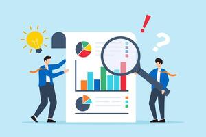 Flat illustration of two businessmen examining information with magnifying glass for answers on piece of paper vector