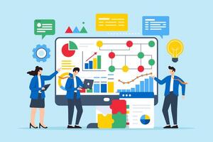 Flat illustration of team using technology to analyze and solve complex problems on computer screen vector