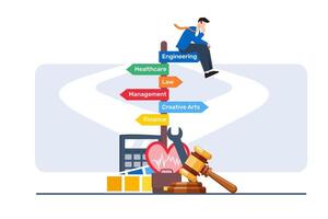 Flat illustration of person in thinking pose sitting on multiple signposts with different career paths vector