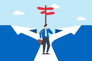 Flat illustration of professional standing at crossroads choosing between multiple career paths with directional arrows vector