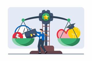 Flat illustration of professional weighing options on scale symbolizing career decision-making vector