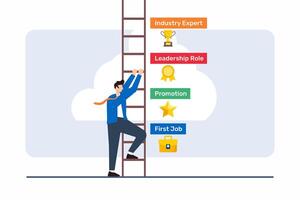 Flat illustration of individual climbing vertical ladder with different career milestones marked on each rung vector