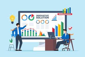 Flat illustration of two men conducting problem analysis with innovative solutions on computer screen vector