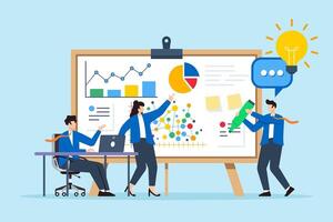 Flat illustration of team of experts brainstorming ideas with data charts on whiteboard vector