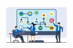 Flat illustration of team using flow diagram to explore different career strategies and opportunities on computer screen vector