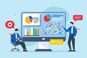 Flat illustration of two men analyzing graphs to develop problem-solving strategies on computer screen vector
